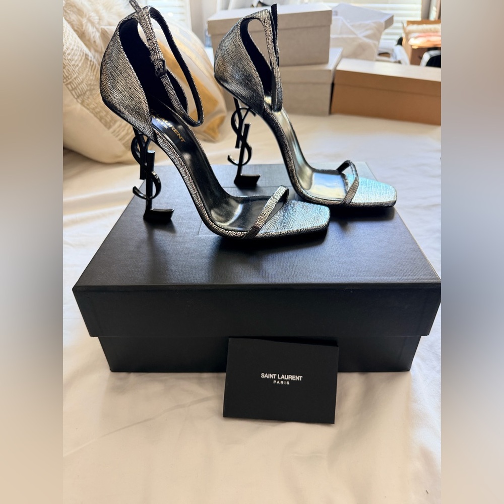 Saint Laurent Opyum YSL Heel Sandals Silver 39+ $1195 Retail